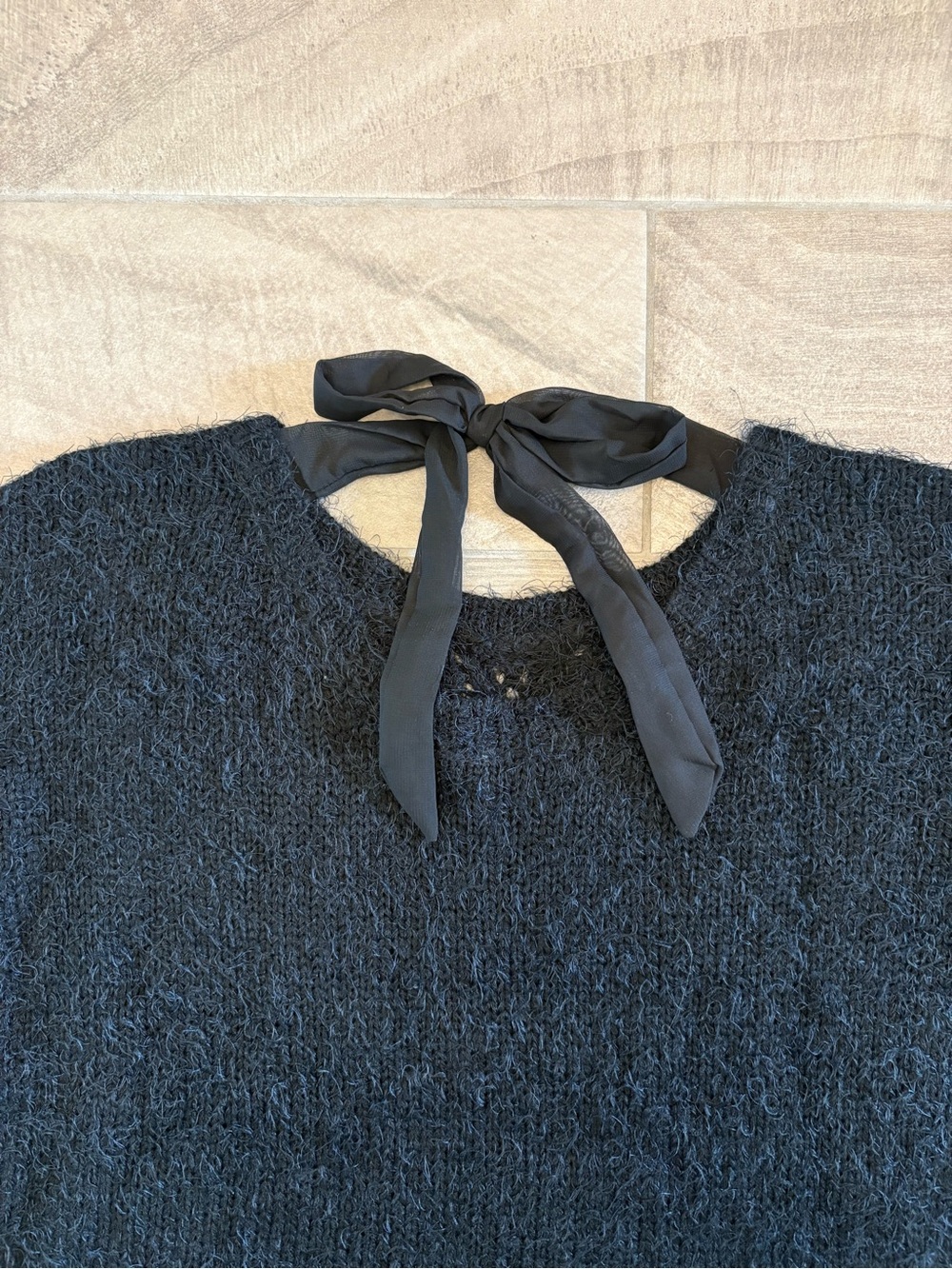 PinkBlush Maternity Black Textured Fuzzy Knit Sweater Top - Tie Back - Size S/M - Picture 3 of 8